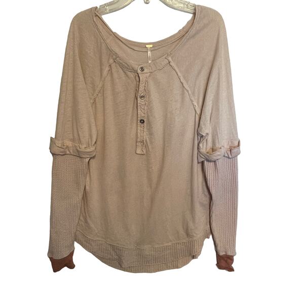 Free People Jaxon Henley Top Womens XS Pink Linen Cotton Oversized Slouchy *FLAW - Picture 2 of 11